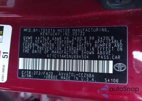 2022 Toyota Camry Le z USA, uszkodzony, nr VIN 4T1C11AK5NU694504